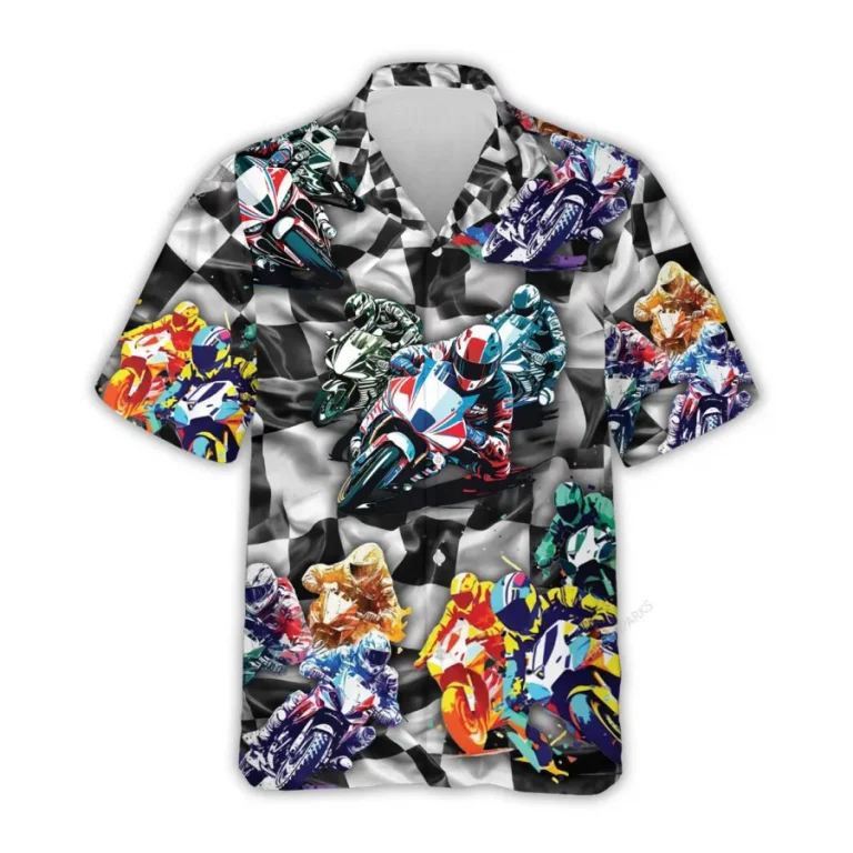 Racing Motorbike Hawaiian Shirt For Men Womens, Motorbike Lover Summer Beach Shirt,checkered Flag Aloha Shirt, Colorful Button Down Short Sleeve Shirt