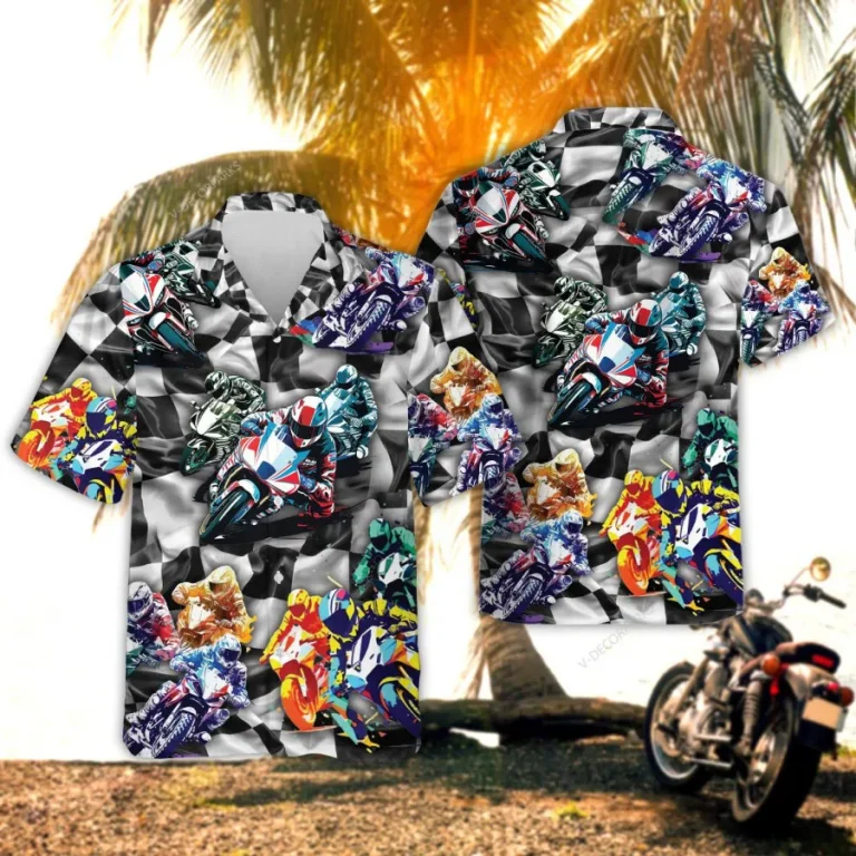 Racing Motorbike Hawaiian Shirt For Men Womens, Motorbike Lover Summer Beach Shirt,checkered Flag Aloha Shirt, Colorful Button Down Short Sleeve Shirt