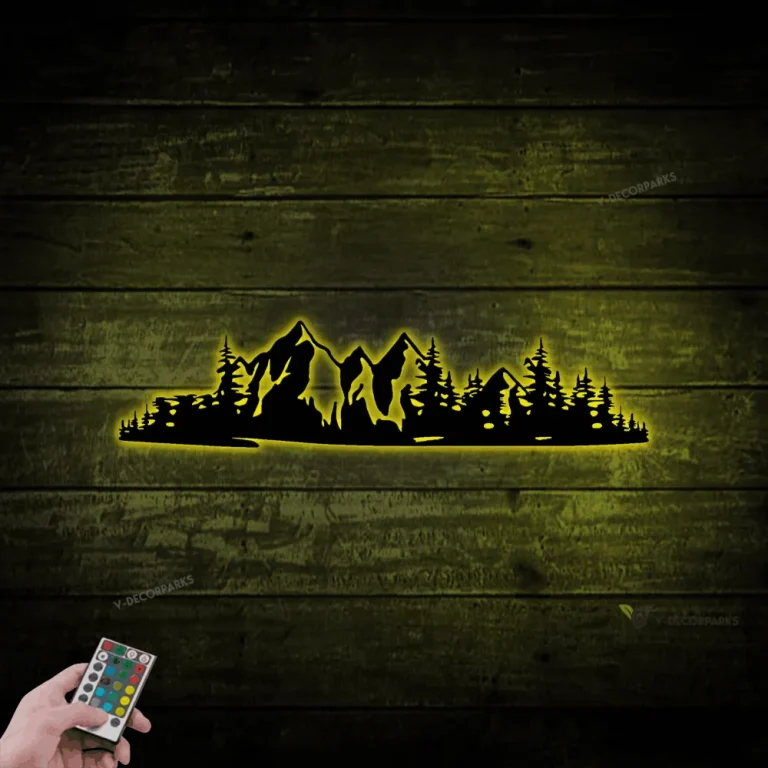 Mountain Forest Pine Trees Metal Wall Art Led Lights, Camping Outdoors Sign, Mountain Range View, Nature And Forest Decor, Housewarming Gift