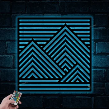 Mountain Metal Decor With Led Lights, Modern Metal Wall Art, Geometric Sign, House Decoration, Housewarming Gift, Unique Sign, Wall Hanger