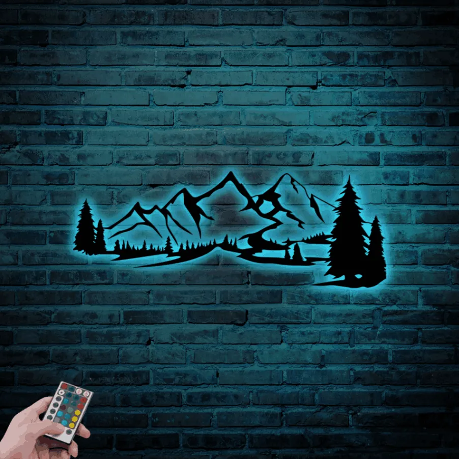 Mountain Metal Wall Art Decor With Led Lights, Mountain Decor Art, Nature Forest Decoration, Metal Wall Decor Wall Hanging, Mountain Gift