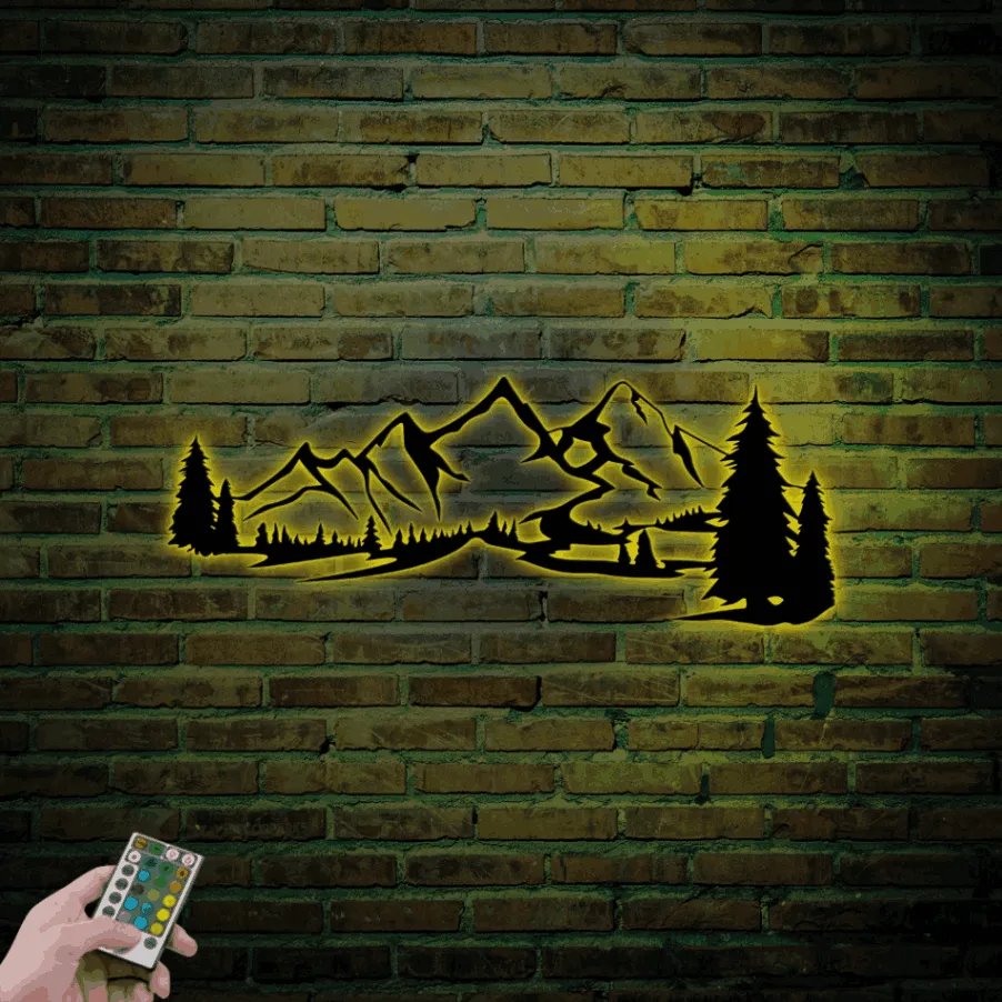 Mountain Metal Wall Art Decor With Led Lights, Mountain Decor Art, Nature Forest Decoration, Metal Wall Decor Wall Hanging, Mountain Gift
