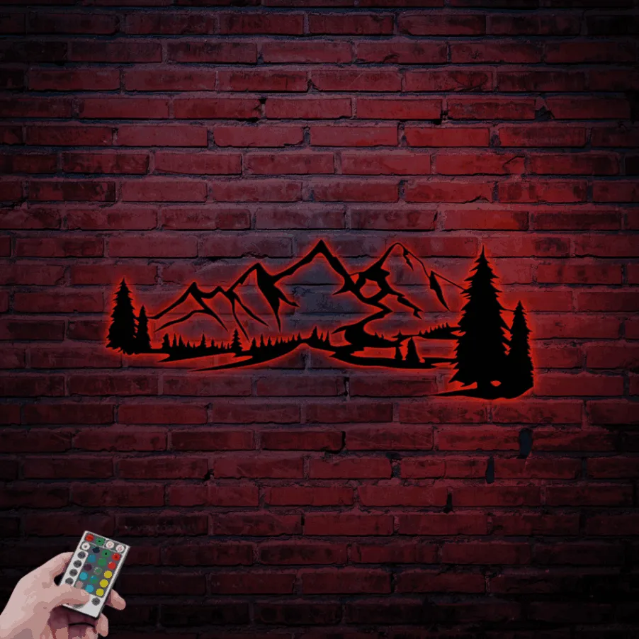 Mountain Metal Wall Art Decor With Led Lights, Mountain Decor Art, Nature Forest Decoration, Metal Wall Decor Wall Hanging, Mountain Gift
