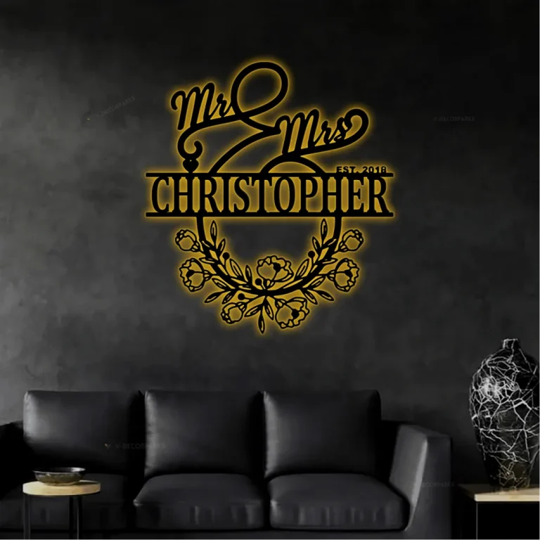 Mr And Mrs Customize Metal Sign With Led Lights, Family Name Sign Metal Wall Art, Custom Family Name Monogram, Personalized Family Steel Sign