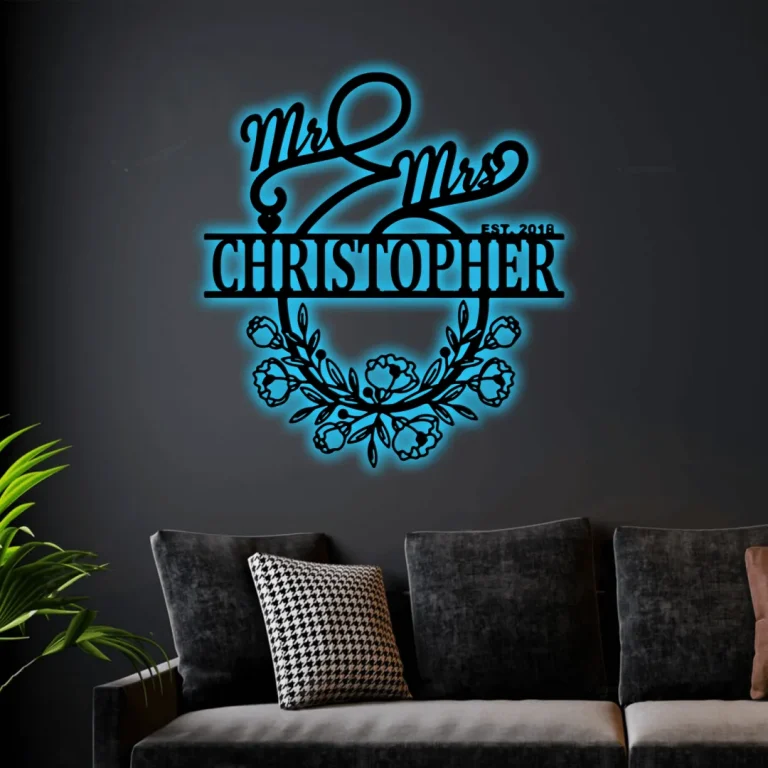 Mr And Mrs Customize Metal Sign With Led Lights, Family Name Sign Metal Wall Art, Custom Family Name Monogram, Personalized Family Steel Sign