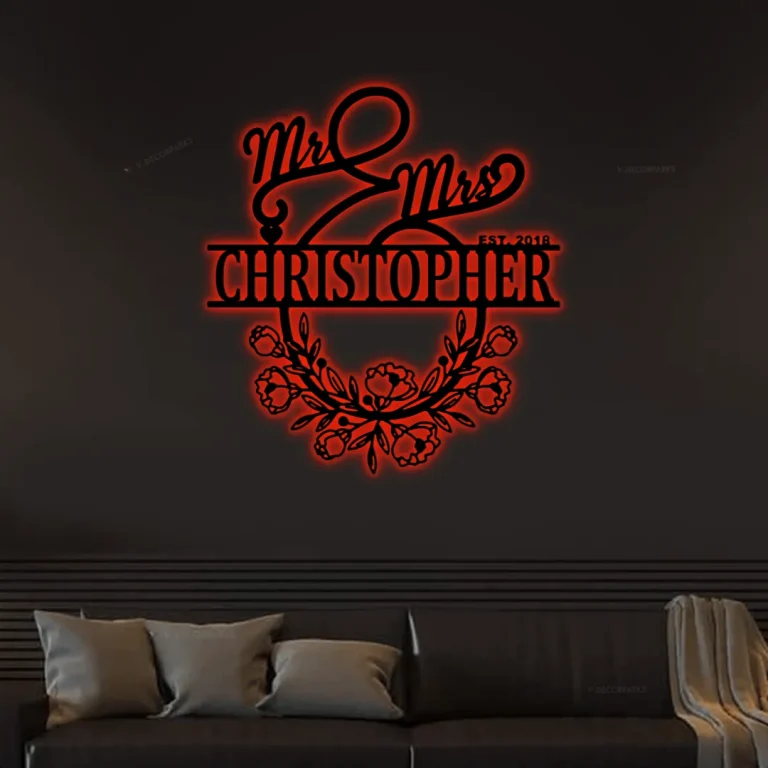 Mr And Mrs Customize Metal Sign With Led Lights, Family Name Sign Metal Wall Art, Custom Family Name Monogram, Personalized Family Steel Sign
