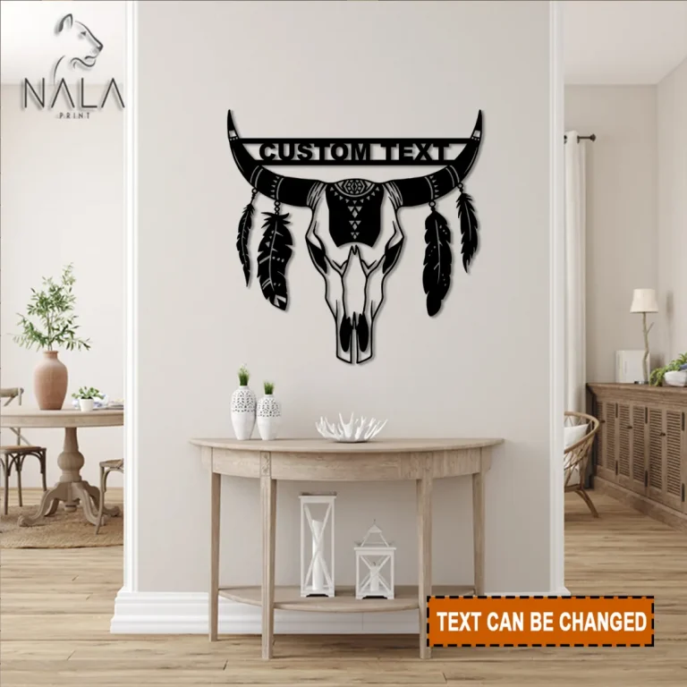 Personalized Native American Bull Skull With Feathers Metal Artwork, Indian Symbol Decorative Metal Wall Art Decor