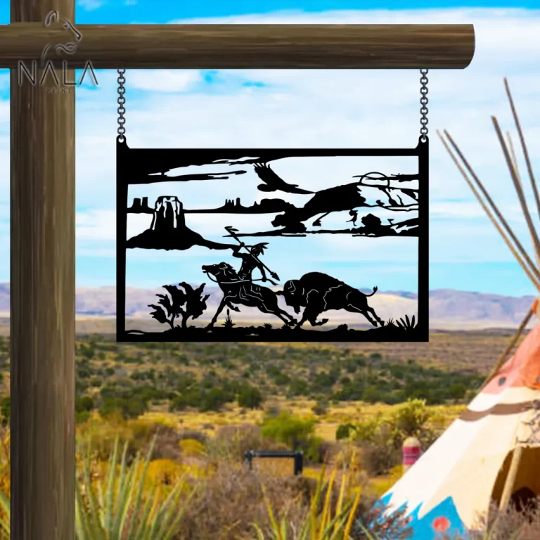 American Indian Warrior Fighting Bull Metal Hanging Sign, Metal Gate Decor, Metal Garden Hanging Art