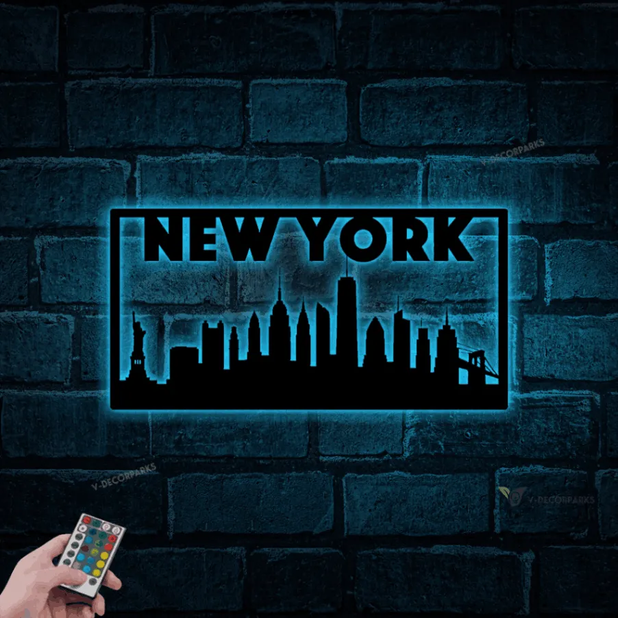 New York Skyline Metal Wall With Led Lights, New York Metal Wall Art, Rgb City Scene Wall Decor, Housewarming Gift, Ny Landscape, Nyc Urban