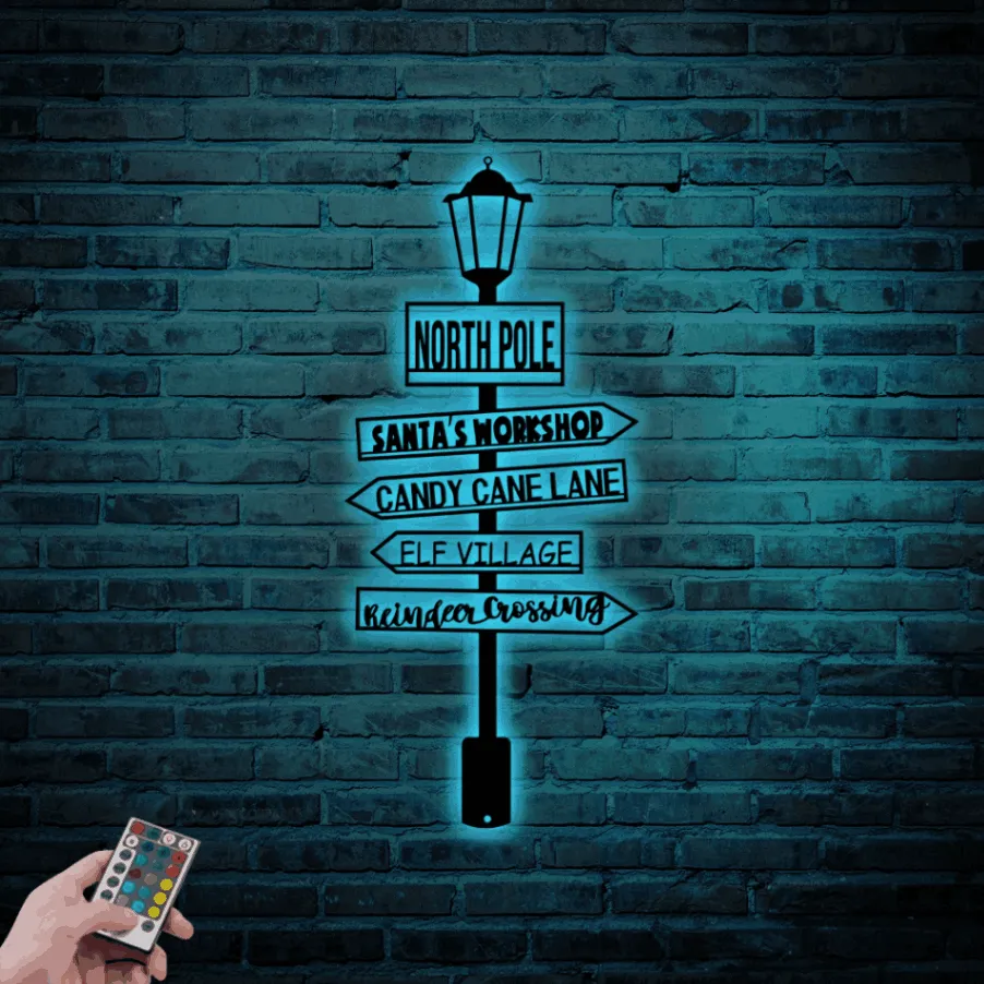 North Pole Sign Led Lights, Christmas Metal Wall Art, Directions North Pole Metal Sign, Merry Christmas Decor, Santa Sign, Reindeer Elf Santas