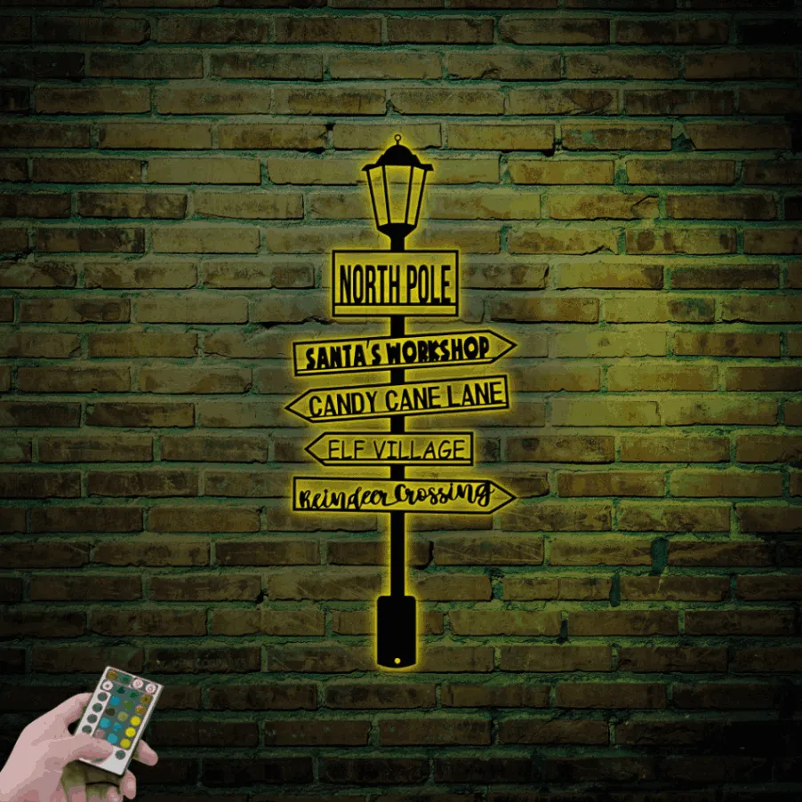 North Pole Sign Led Lights, Christmas Metal Wall Art, Directions North Pole Metal Sign, Merry Christmas Decor, Santa Sign, Reindeer Elf Santas