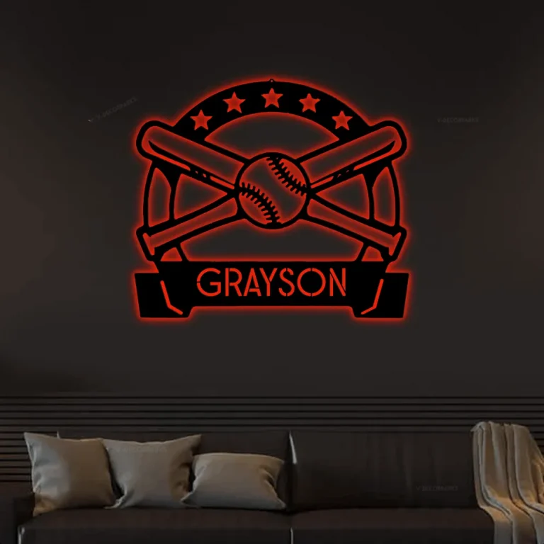 Personalize Baseball Bat Metal Sign With Led Lights Sign Customized Baseball Bat Wall Art Decor Sports Room Wall Art Monogram Softball Home Decor