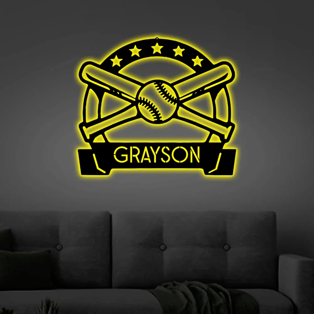 Personalize Baseball Bat Metal Sign With Led Lights Sign Customized Baseball Bat Wall Art Decor Sports Room Wall Art Monogram Softball Home Decor