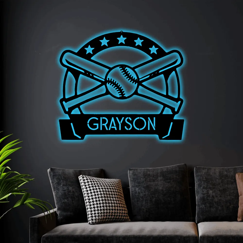Personalize Baseball Bat Metal Sign With Led Lights Sign Customized Baseball Bat Wall Art Decor Sports Room Wall Art Monogram Softball Home Decor
