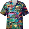 Hippie Bus And Psychedelic Mushroom Hawaiian Shirts, Hippie Bus Button Down Mens Hawaiian Shirts, Hippie Style Shirt, Magic Mushroom Aloha Shirt