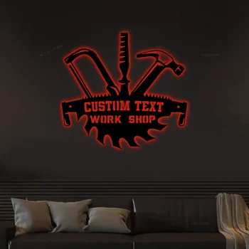 Papas Workshop With Led Lights, Metal Sign, Fathers Day Gift, Garage Sign, Gift For Papa, Gift For Grandpa, Gift For Dad, Personalized Carpenter Sign