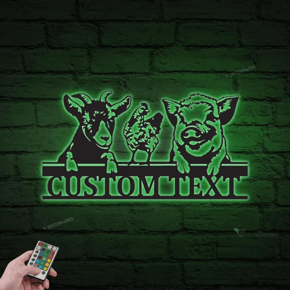 Personalized Animal Farm Metal Sign Led Lights, Gift For Farmer, Goat Chicken Pig Wall Art Decor, Farmhouse Decor, Father Day Gift For Farmer