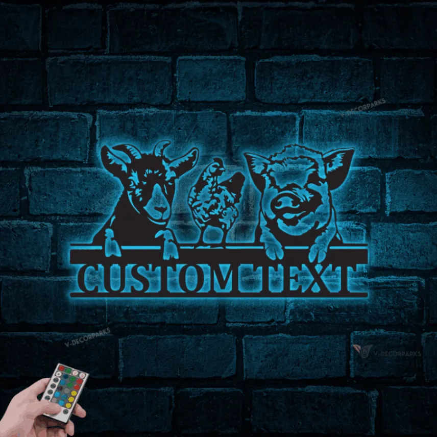 Personalized Animal Farm Metal Sign Led Lights, Gift For Farmer, Goat Chicken Pig Wall Art Decor, Farmhouse Decor, Father Day Gift For Farmer