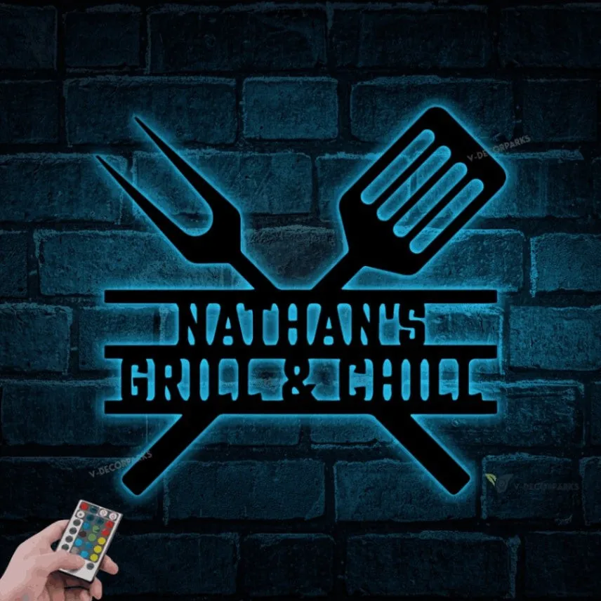 Personalized Bbq Grill Metal Sign With Led Lights, Custom Smoker And Grill Wall Art, Outdoor Decor, Gift For Him, Father's Day, New Home Gift