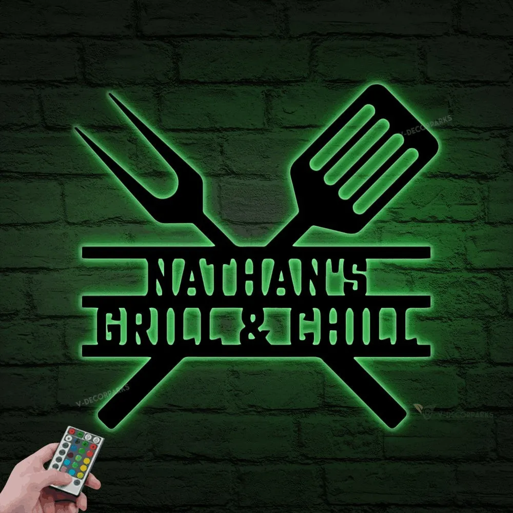 Personalized Bbq Grill Metal Sign With Led Lights, Custom Smoker And Grill Wall Art, Outdoor Decor, Gift For Him, Father's Day, New Home Gift