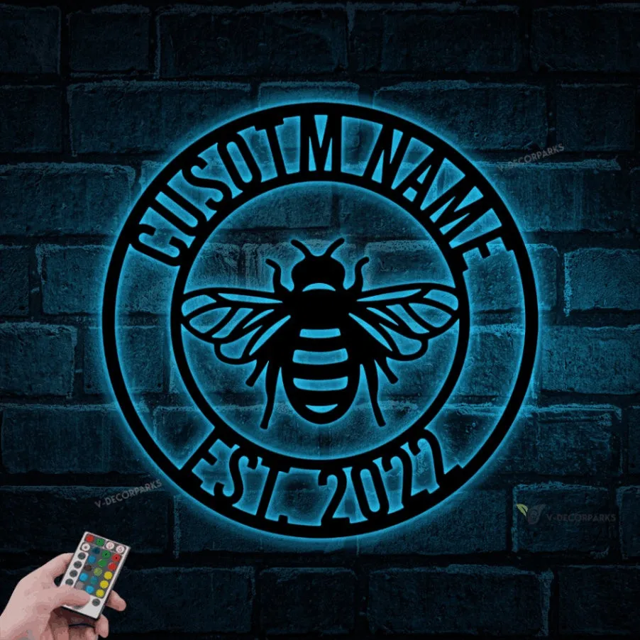 Personalized Bee Metal Sign With Led Lights, Honey Bee Metal Wall, Bee Sign, Honey Farm Signs, Gift For Bee Keeper, Honey Bee Monogram Decor