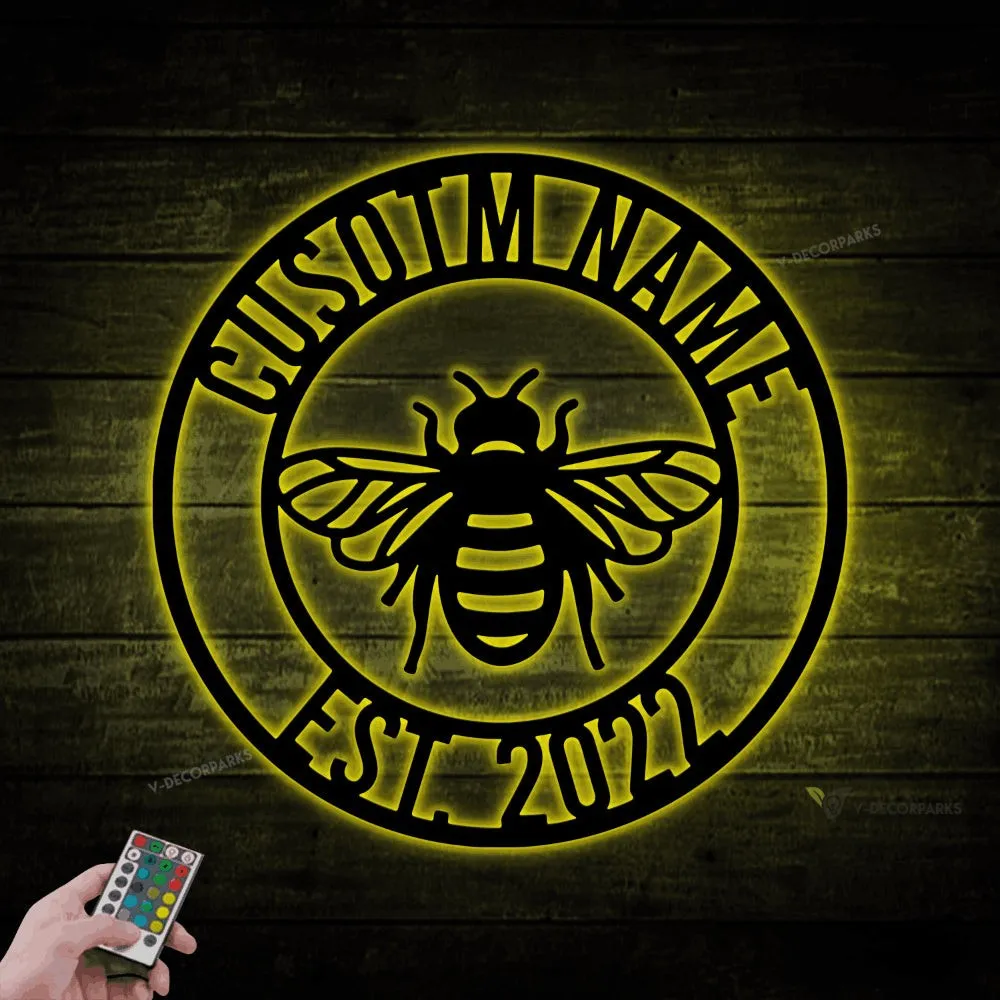 Personalized Bee Metal Sign With Led Lights, Honey Bee Metal Wall, Bee Sign, Honey Farm Signs, Gift For Bee Keeper, Honey Bee Monogram Decor
