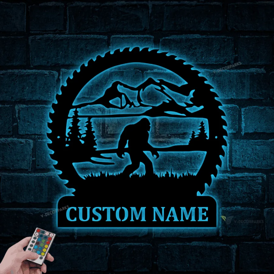 Personalized Big Foot Metal Wall With Led Lights, Big Foot Sign, Sasquatch Wall Art Decor, Yeti Gift, Cabin Decor, Saw Blade Big Foot Sign