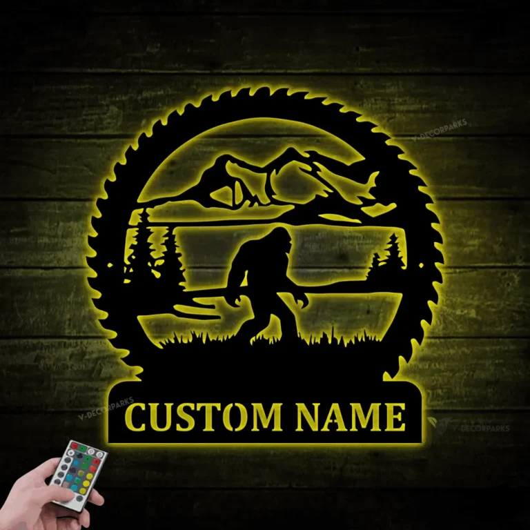 Personalized Big Foot Metal Wall With Led Lights, Big Foot Sign, Sasquatch Wall Art Decor, Yeti Gift, Cabin Decor, Saw Blade Big Foot Sign