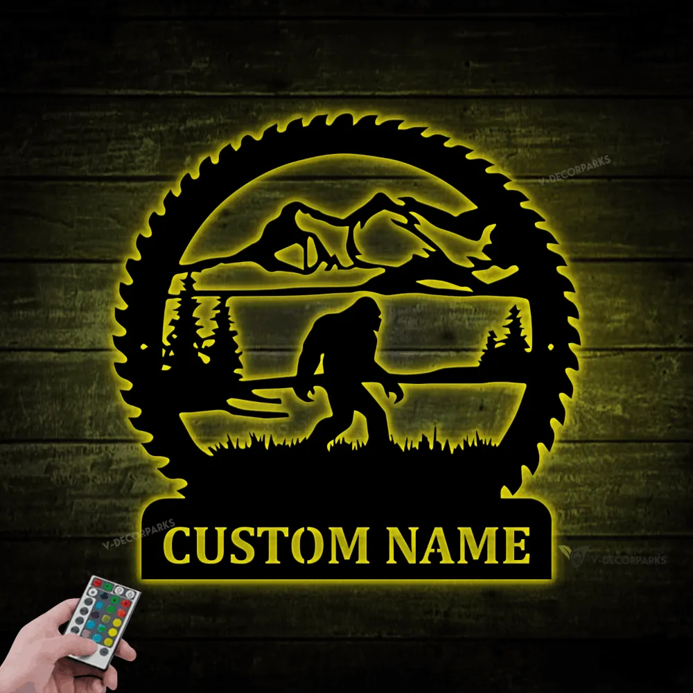 Personalized Big Foot Metal Wall With Led Lights, Big Foot Sign, Sasquatch Wall Art Decor, Yeti Gift, Cabin Decor, Saw Blade Big Foot Sign