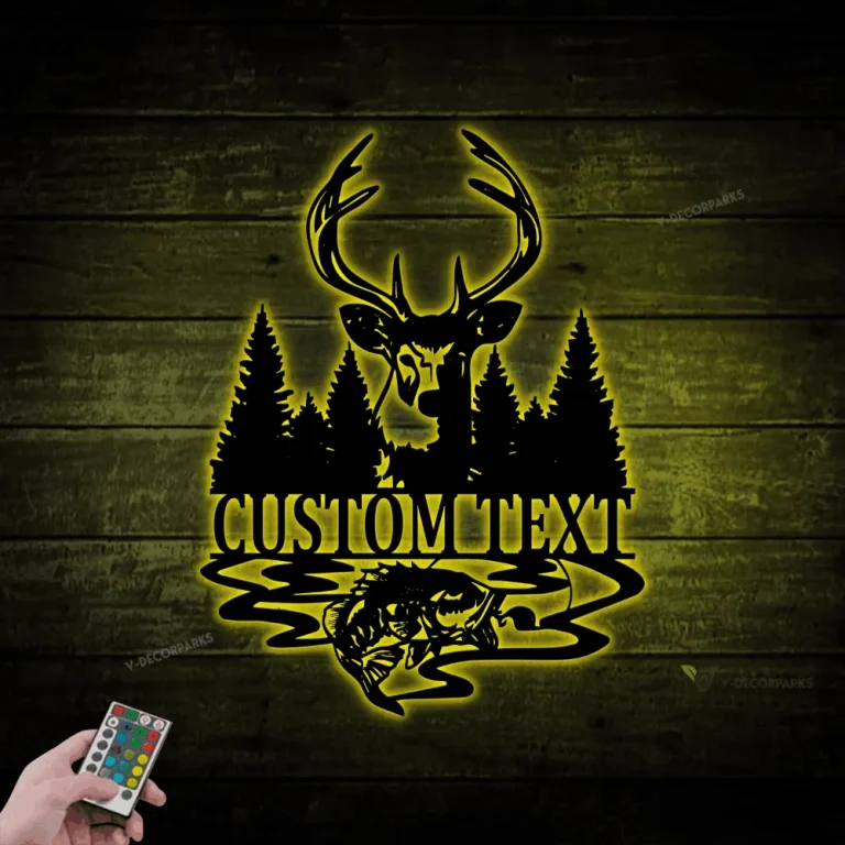 Personalized Buck Bass Monogram Metal Sign With Led Lights, Rustic Deer Hunting Forest, Cabin Farmhouse Laser Cut Decor, Gift For Hunter