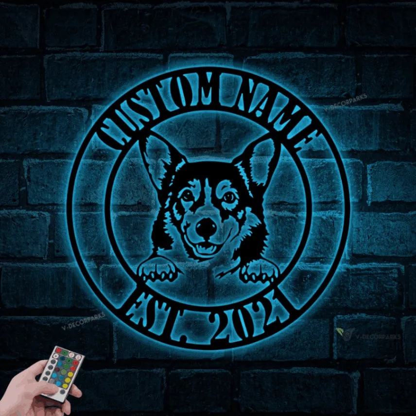 Personalized Corgi Dog Metal Wall Art With Led Ligths, Corgi Dog Name Sign, Dog Name Decor, Dog Lover Gifts, Corgi Dog Signs, Corgi Decor