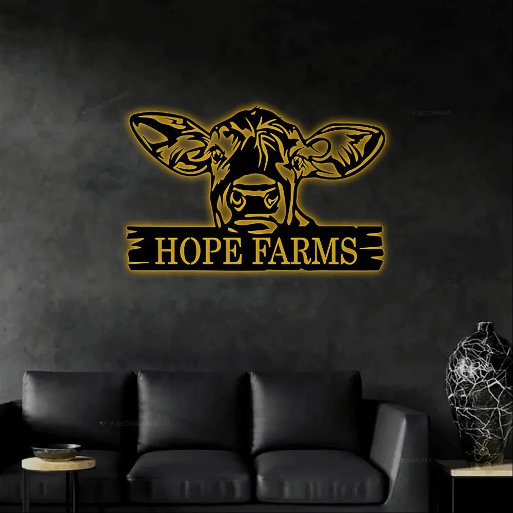 Personalized Cow Sign With Led Lights, Custom Cow Metal Sign, Cow Door Hanger, Farm Animal Sign, Farmhouse Decor, Rustic Welcome Sign