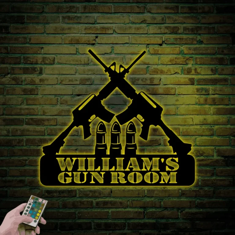 Personalized Crossed Gun Metal Sign With Led Lights, Gun Room Sign Armory Sign Gun Room Decor