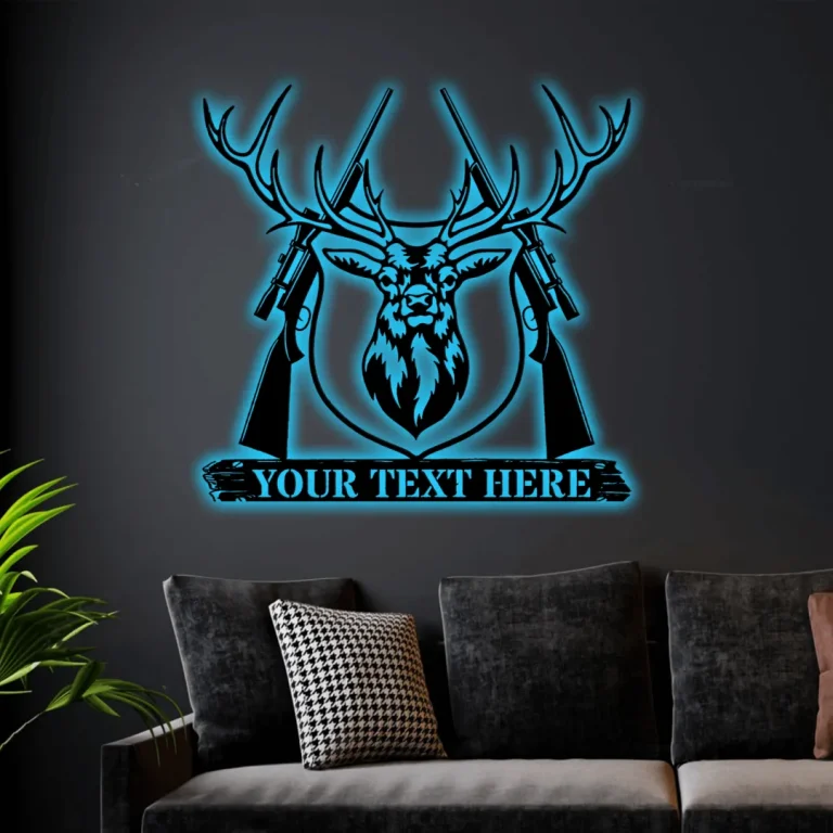 Personalized Deer Head Plaque Name Metal Sign With Custom Text With Led Lights, Custom Deer Hunter Name Steel Sign, Hunting Metal Wall Art