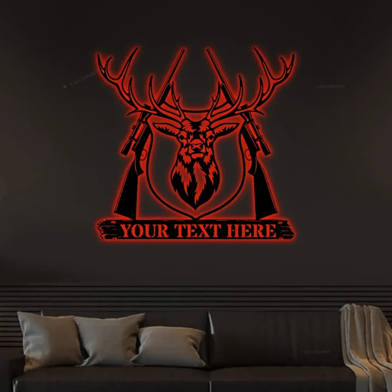 Personalized Deer Head Plaque Name Metal Sign With Custom Text With Led Lights, Custom Deer Hunter Name Steel Sign, Hunting Metal Wall Art