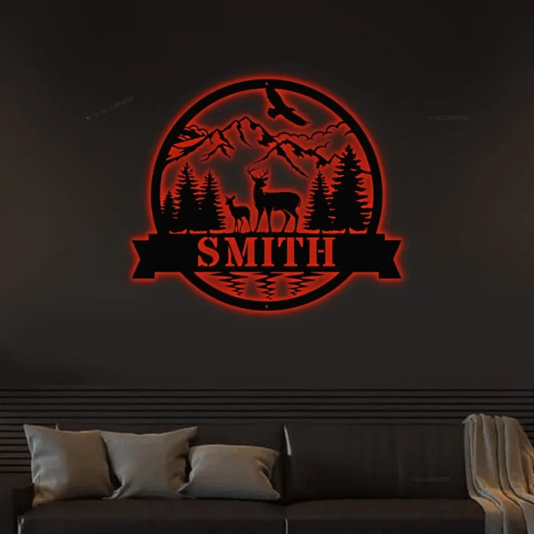 Personalized Deer Metal Sign With Led Lights, Mountain Scene Name Sign, Deer Wall Art, Hunting Camp Decor, Gift For Dad, Gift For Husband
