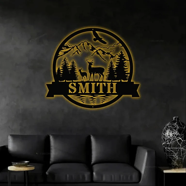 Personalized Deer Metal Sign With Led Lights, Mountain Scene Name Sign, Deer Wall Art, Hunting Camp Decor, Gift For Dad, Gift For Husband