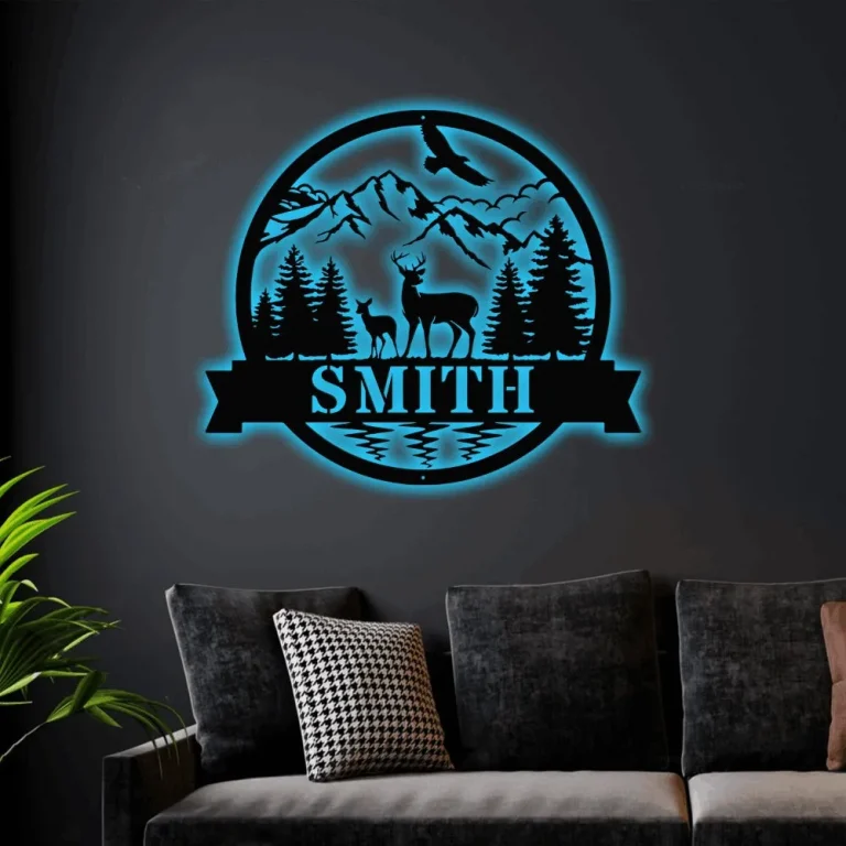 Personalized Deer Metal Sign With Led Lights, Mountain Scene Name Sign, Deer Wall Art, Hunting Camp Decor, Gift For Dad, Gift For Husband