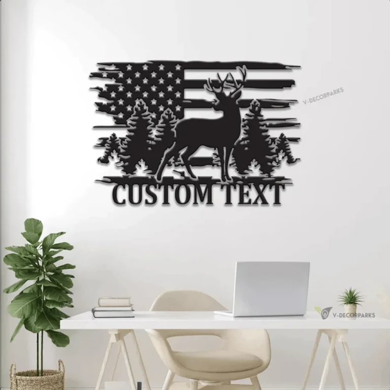 Personalized Deer Us Flag Metal Sign With Led Lights, Custom Buck Metal Wall For House Decor, Hunter Gift, Housewarming Gift, New Home Gift