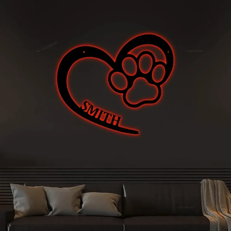 Personalized Dog Paw With Led Lights Sign Puppy Love Name Monogram Sign Puppy Love Steel Hanging Wall Word Design For Family Pets Lover