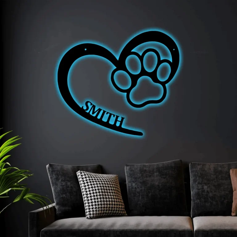 Personalized Dog Paw With Led Lights Sign Puppy Love Name Monogram Sign Puppy Love Steel Hanging Wall Word Design For Family Pets Lover