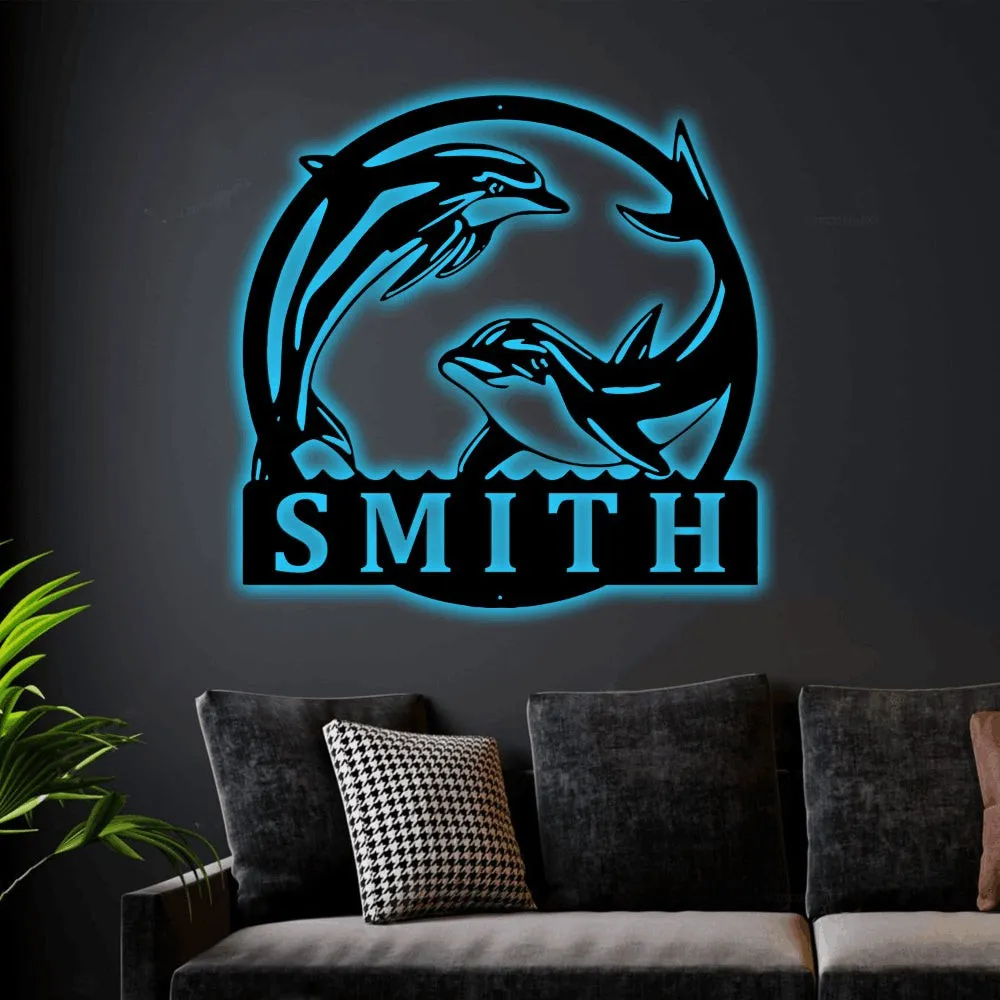 Personalized Dolphin Sign With Led Lights, Custom Metal Dolphin Art, Dolphin Monogram Sign, Dolphin Decor, Beach Decor, Dolphin Gift