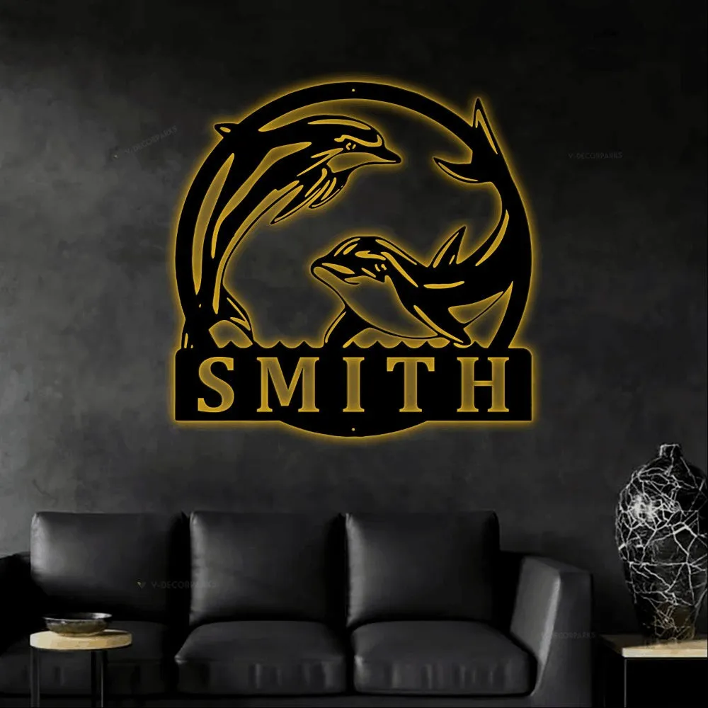Personalized Dolphin Sign With Led Lights, Custom Metal Dolphin Art, Dolphin Monogram Sign, Dolphin Decor, Beach Decor, Dolphin Gift