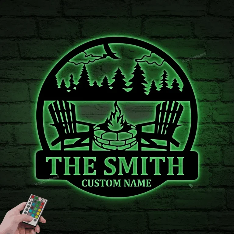 Personalized Fire Pit Metal Sign With Led Lights, Custom Camping Name Metal Wall Art For Campsite Decor, Happy Campers Sign, Camper Gift