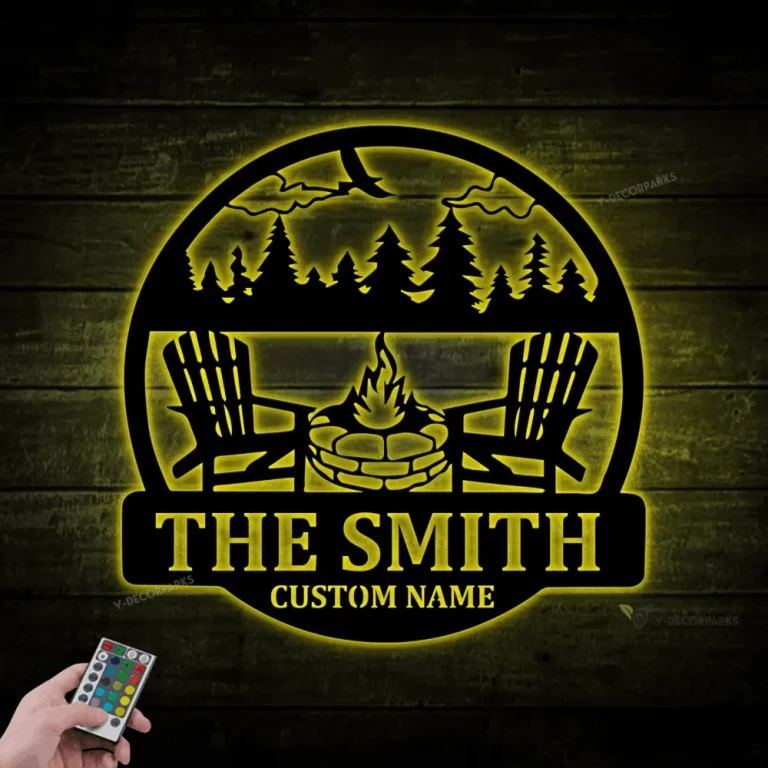 Personalized Fire Pit Metal Sign With Led Lights, Custom Camping Name Metal Wall Art For Campsite Decor, Happy Campers Sign, Camper Gift
