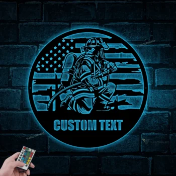 Personalized Firefighter Us Flag Metal Sign Led Lights, Gift For Fireman, First Responder, Firefighter Decor, Father Day Gift For Husband Dad