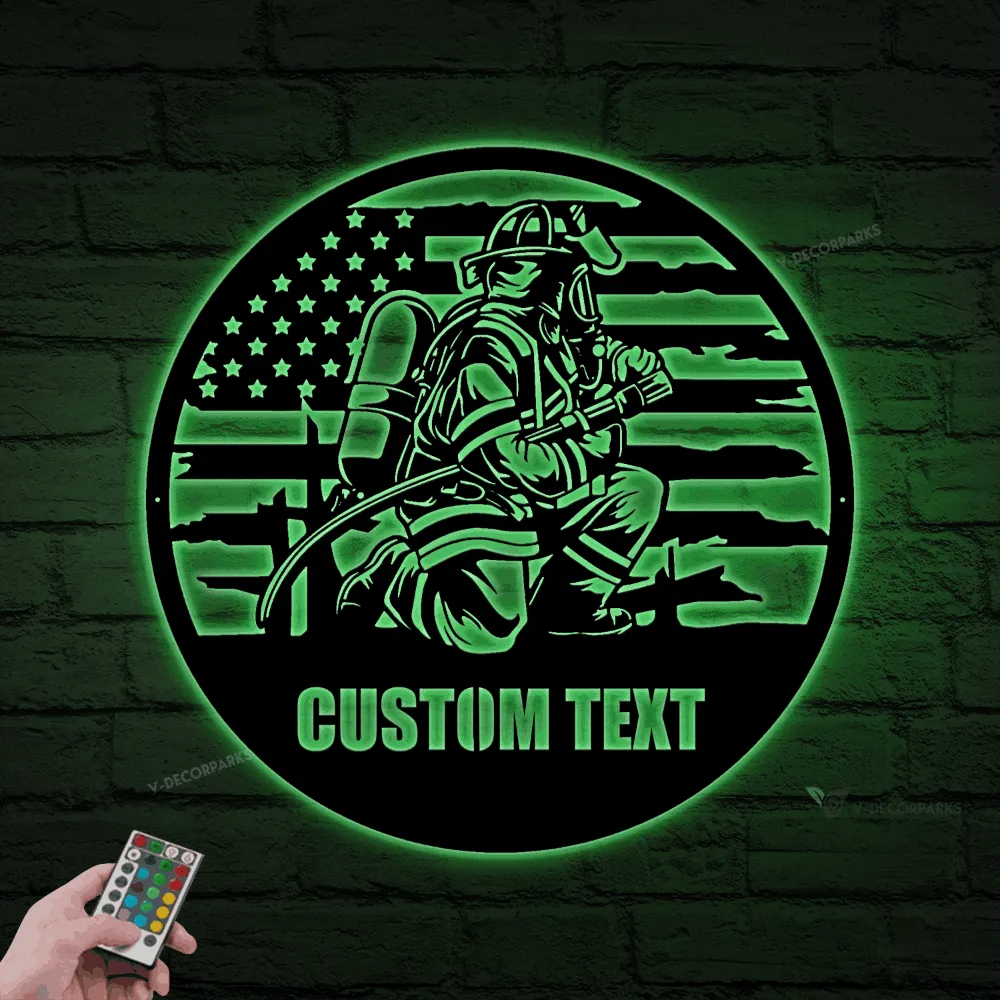 Personalized Firefighter Us Flag Metal Sign Led Lights, Gift For Fireman, First Responder, Firefighter Decor, Father Day Gift For Husband Dad