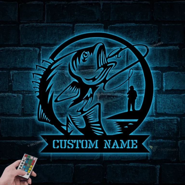 Personalized Fisherman Catching Fish Metal Sign Led Lights, Fisher Custom Name Metal Wall Art, Father Day Gift, Fishing Monogram, Gift For Dad