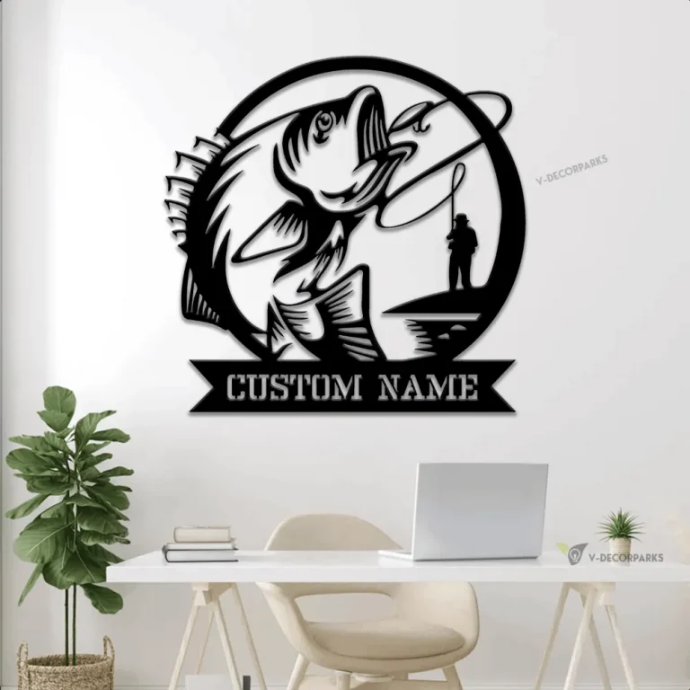 Personalized Fisherman Catching Fish Metal Sign Led Lights, Fisher Custom Name Metal Wall Art, Father Day Gift, Fishing Monogram, Gift For Dad