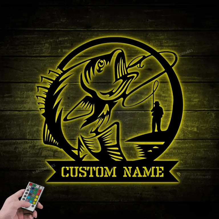 Personalized Fisherman Catching Fish Metal Sign Led Lights, Fisher Custom Name Metal Wall Art, Father Day Gift, Fishing Monogram, Gift For Dad